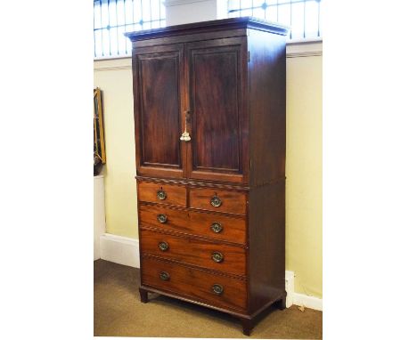 Mahogany linen press, the base comprising of two short drawers over three long drawers, - no waist, cracked panel, 103cm x 54