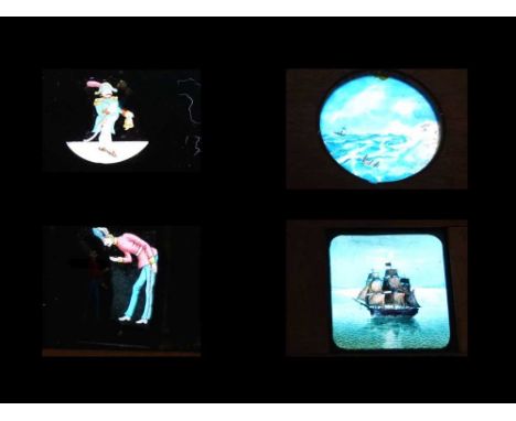 Six 19th Century magic lantern slides various subjects to include stormy seas, sailing ship, etc., mounted in wooden frames, 