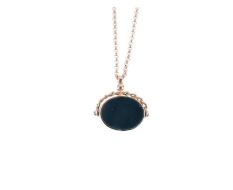 9ct gold swivel fob set bloodstone and portrait, on a 9ct rose gold belcher link chain, 61cm long approx, 10.9g gross approx