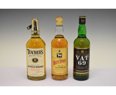 Bottle of Teacher's Highland Cream Whisky, White Horse Fine Old Scotch Whisky, and Vat 69 Finest Scotch Whisky (3)