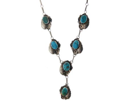 Native American Navajo white metal and turquoise necklace, attributed to Raymond Platero, of six foliate panels with turquois