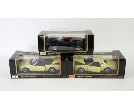 Set of Maisto special edition 1:18 scale model cars, in original boxes, to include: Mustang Mach III, Thunderbird Show Car (x