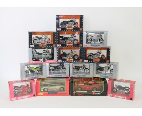 Set of 1:18 Maisto Triumph scale model motorcycles, with other scale models, including a Burago Dodge Viper and Maisto Jaguar