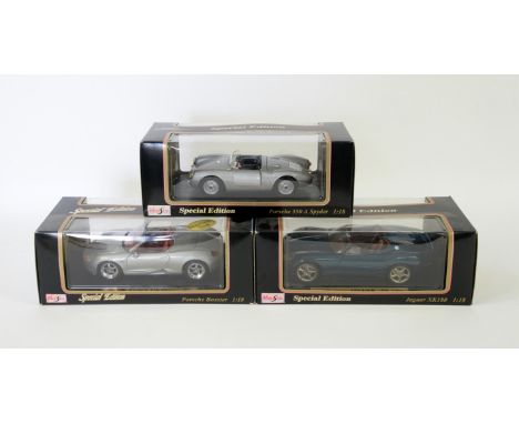 Set of Maisto special edition 1:18 scale model cars, in original boxes, to include: Jaguar XK180, Porsche 550 A Spyder, and P