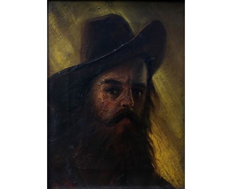 Framed, unsigned, oil on canvas, portrait of an American cowboy, 19cm x 14cm.