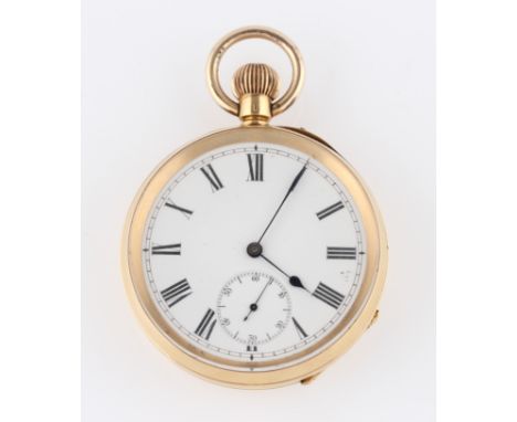 An open face crown wind pocket watch, the white enamel dial having hourly Roman numeral markers with minute track border and 