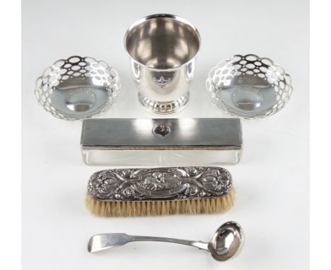 A collection of various silverware, to include a pair of dishes, hallmarked Birmingham 1911, a Victorian silver lidded glass 