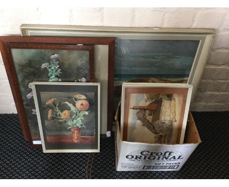 A selection of various framed watercolours depicting cottage scenes and still lifes together with a framed, glazed print depi