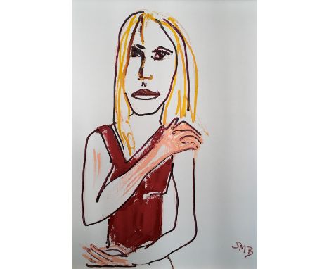 SHEILA BENSON. Framed, signed with initials, oil on canvas, portrait of a woman, titled on label verso ‘Rock Chick’, 100cm x 