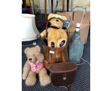 Binoculars marked Jenopten Coul Zeiss Jena in leather case, together with two stone lamp bases, a copper coal bucket and seve