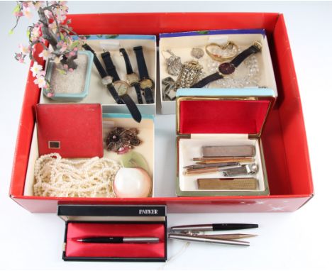 A collection of pens, to include the name Parker, propelling pencils (some A/F), a hallmarked silver comb holder, a cigar cut