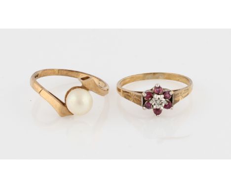 A hallmarked 9ct yellow gold ruby and diamond flower design ring, together with a hallmarked 9ct yellow gold pearl ring, ring