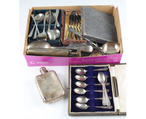 A collection of silverware and plated ware, to include a Victorian silver hip flask, hallmarked London 1898, a boxed set of s