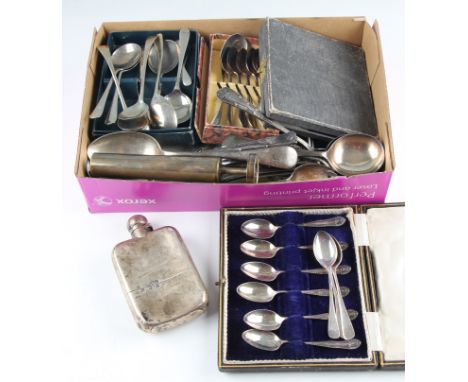 A collection of silverware and plated ware, to include a Victorian silver hip flask, hallmarked London 1898, a boxed set of s