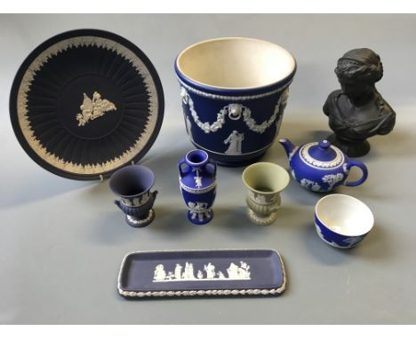 A selection of various Wedgwood to include a black Jasperware bust of female, small teapot together with a planter etc.