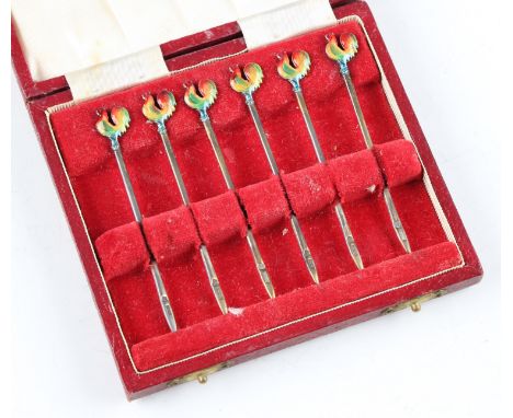 A set of six silver and enamel toothpicks, each terminal featuring an enameled cockerel, hallmarked Birmingham 1958, in fitte