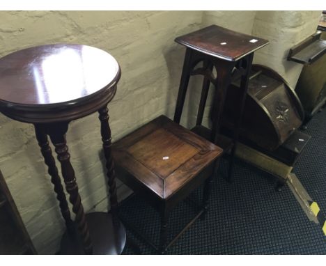 A coal box, two plant stands, an oak shelf etc.