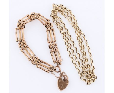 A 9ct yellow gold belcher link chain, hallmarked Sheffield, date letter indistinct, together with a yellow metal gate bracele