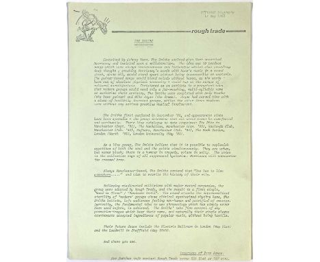 Nine page 1983 press release for The Smiths with a very enlightening front page biography, band trivia and press cuttings fro