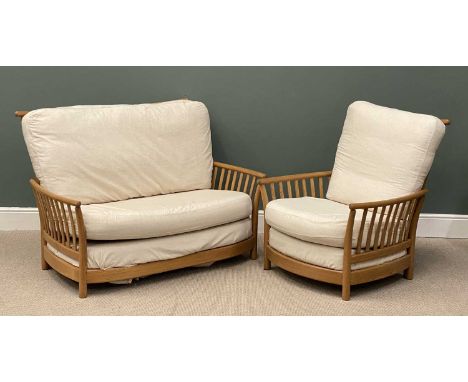 ERCOL MEDIUM COLOURED SLATTED BACK SOFA, 98 (h) x 142 (w) x 78cms (d), and matching armchair, 98 (h) x 87 (w) x 74cms (d)Prov