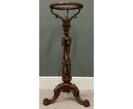 HARDWOOD PLANTER STAND, Eastern hardwood carved column, foliage and berries on a tripod base, 103 x 35cms (diam.) the topProv