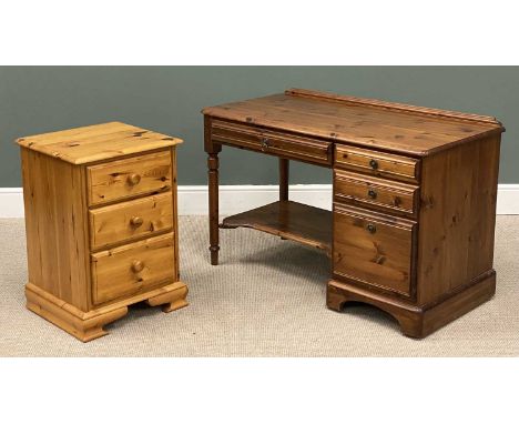 MODERN PINE SINGLE PEDESTAL DESK with rail back and base shelf, 78 (h) x 117 (w) x 59cms (d), and narrow pine chest of drawer