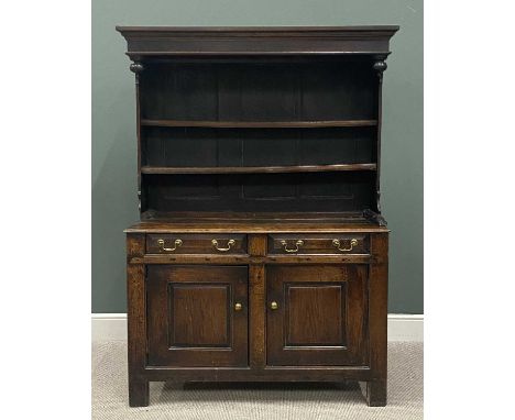 18TH CENTURY OAK WELSH DRESSER BACH, two shelf canopy top and the base having two drawers over two doors with fielded panels,