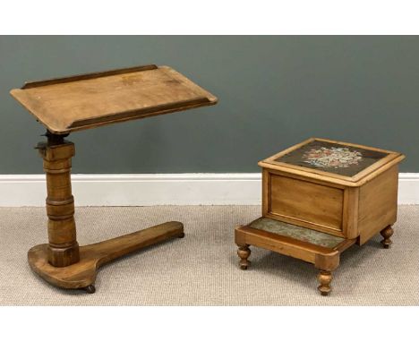 ANTIQUE MAHOGANY STEP COMMODE, 43 (h) x 48 (w) x 46cms (d) and tilt overbed table, labelled 'Leveson & Sons, London', 73 (h) 