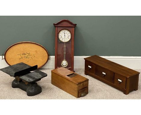 VINTAGE ASSORTMENT to include a wooden cash register, 17 (h) x 17 (w) x 45cms (d), a set of Avery scales, wall clock, tray an