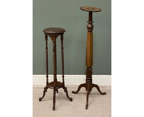 TWO ANTIQUE TYPE PLANTER STANDS, one with twist supports, 101 (h) x 28cms (diam.), and other with tripod base, 125 (h) x 27cm