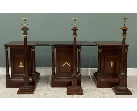 THREE MASONIC CEREMONIAL PEDESTALS, 'ST GWRST LODGE LLANRWST', of the finest mahogany, with candleholder stands, Grand Master