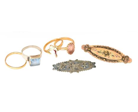 A 22 carat gold band ring, finger size O1/2; three further rings, including an enamel example; and two bar broochesBand ring 