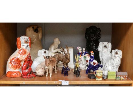 A group of Staffordshire seated spaniels, a Chinese porcelain planter, Beswick donkey etc; together with an oak cased wall cl