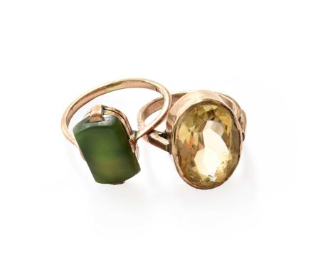 A citrine ring, unmarked, finger size H1/2; and another ring, stamped '9CT', finger size NGross weight 7.8 grams.