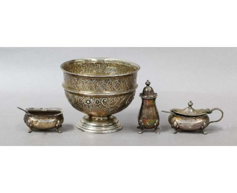 Asmall silver pedestal bowl, together with two silver mustard pots, silver pepperette, a silver plated corinthian column tabl