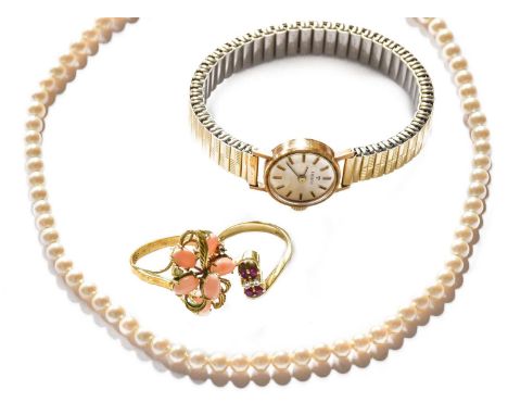 A single row cultured pearl necklace, length 35.5cm; a 14 carat gold ruby and diamond ring, finger size K; another ring, unma