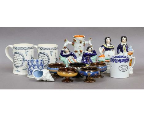 A group of 19th century and later ceramics and glass, including: copper lustre and other pedestal salts, Staffordshire flatba