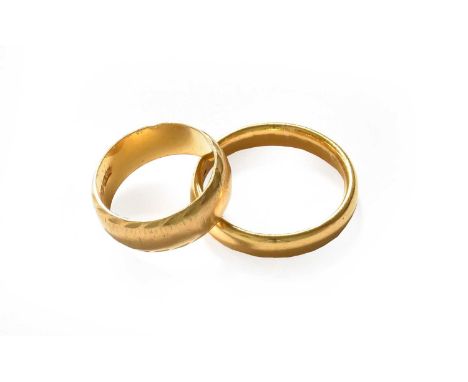 Two 22 carat gold band rings, finger sizes J and RGross weight 12.3 grams.