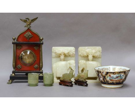An Empire style pocket watch holder in the form of a mantel timepiece, a 19th century bowl, four pieces of 20th century jade,