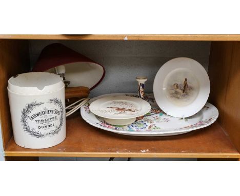 A Fairweather and Sons Tobacco container of Dundee, a Royal Worcester plate painted with Grouse signed Maybury, together with