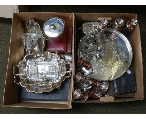 A Collection of Assorted Silver Plate, including: a pair of entree-dish stands; a circular tray with openwork gallery; a pair