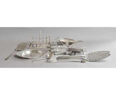 A Collection of Assorted Silver and Silver Plate, the silver including: a toast-rack; a sauce-boat; a miniature table and cha