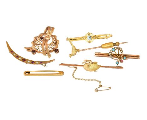 A swan brooch, pin stamped '9CT', length 6.0cm; a pheasant stickpin; a 9 carat gold garnet brooch; a 9 carat gold synthetic r