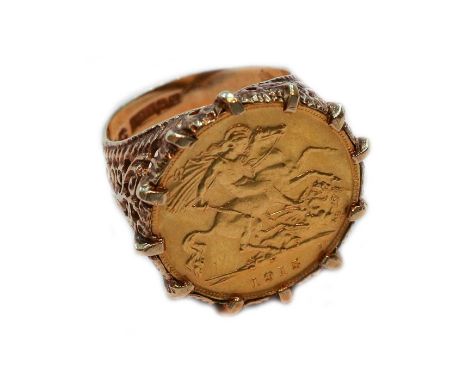 A half sovereign dated 1915 mounted as a ring, finger size LRing hallmarked 9 carat gold. Gross weight 8.8 grams.