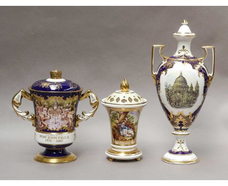 An Aynsley commemorative cup and cover, Spode commemorative vase and cover, and a Spode potpourri, the tallest 33cm