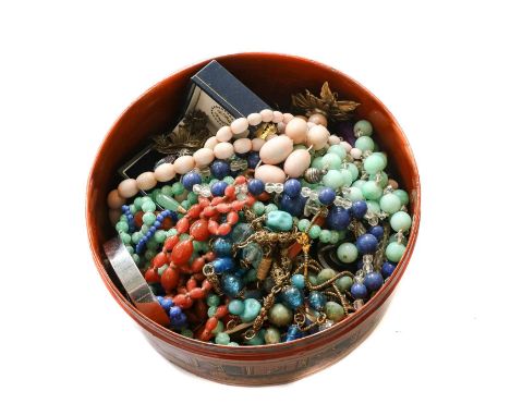 Assorted bead necklaces, 1930s and later marcasite jewellery, silver jewellery, enamel badges, filligree jewellery etc (two b