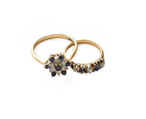 A 9 carat gold sapphire and diamond cluster ring, finger size Q; and a sapphire and diamond five stone ring, stamped '18CT', 