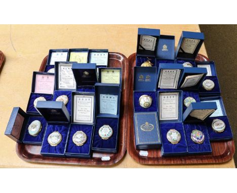 Twenty two various boxed Halcyon Days enamel trinket boxes (two trays)