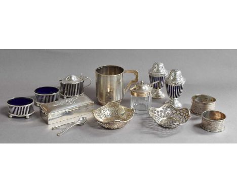 A Collection of Assorted Silver, including: a mug with engine-turned decoration; two differing napkin-rings; two differing pi