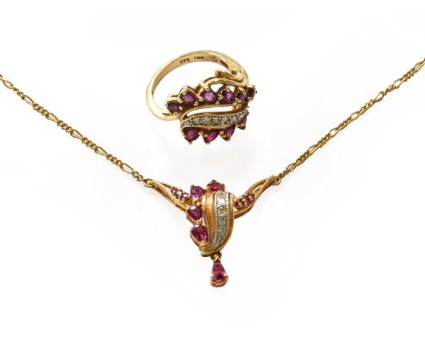A ruby and diamond necklace, length 45.5cm; and a ruby and diamond ring, finger size NBoth stamped '585'. Gross weight 12.1 g